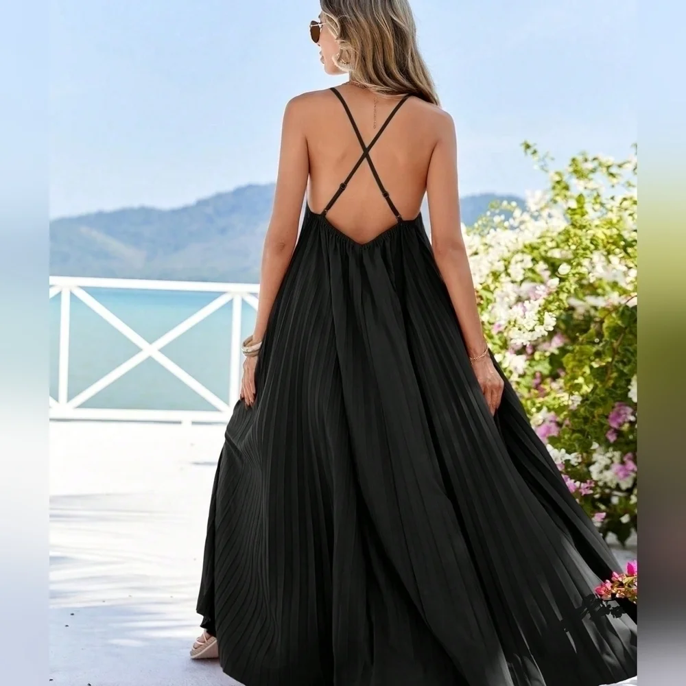 Women'S Monochrome Pleated Strap Dress Flowy Dress - Picture 1 of 5